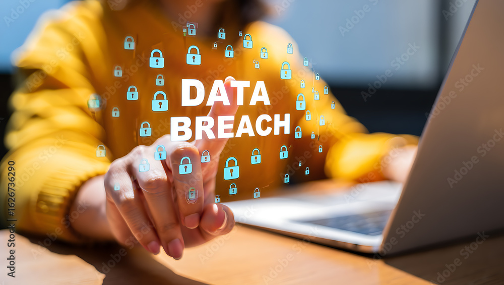 Poster person touching digital data breach warning with security locks technology cyber security