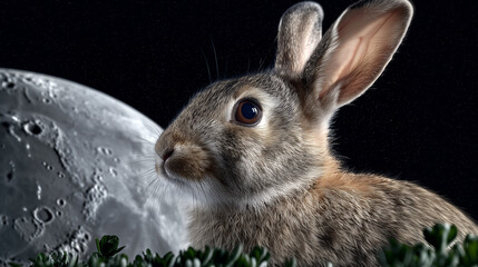 Rabbit and moon on black background. Ai Generative.