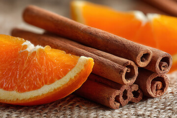 Fresh orange slices with cinnamon sticks on wooden background, winter spices, citrus fruit, natural ingredients, aromatic cooking spices, holiday baking concept, warm seasonal flavors

