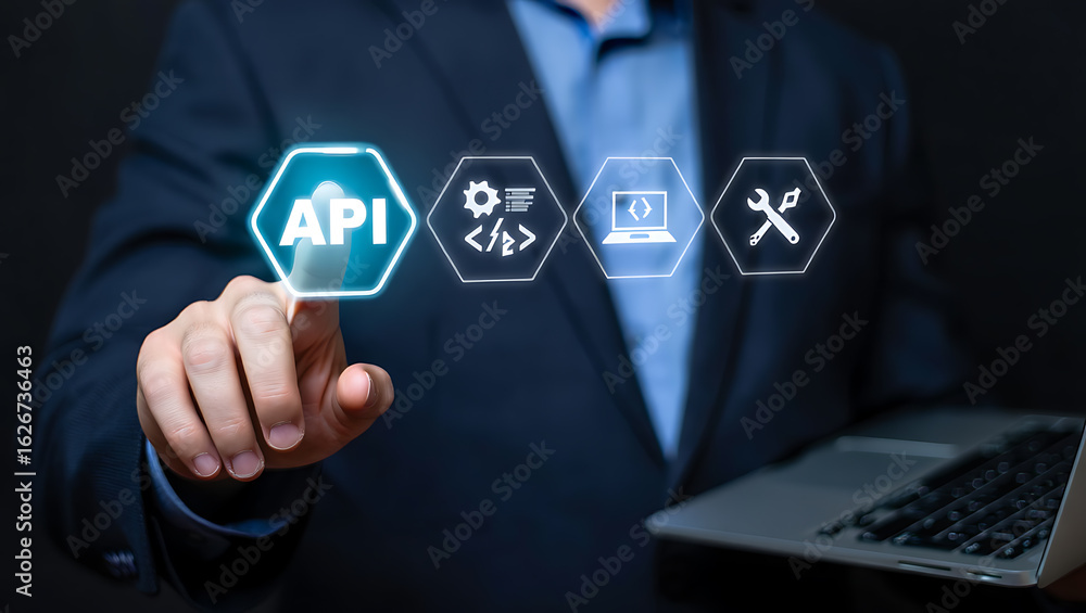 Fototapete person touching digital interface with api and coding icons technology connection