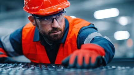 A focused worker in safety gear, including a bright orange vest and helmet, inspects machinery in a well-lit industrial setting.