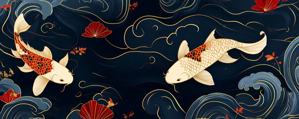Tranquil Koi Fish swimming in a dark, swirling water with delicate red flower accents, evoking a sense of peace and harmony