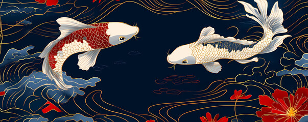 Elegant Japanese Koi fish swimming gracefully amidst vibrant red blossoms on a deep navy blue background, evoking tranquility and prosperity