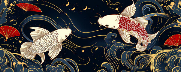 Elegant illustration of two Koi fish swimming amidst swirling dark blue waves and golden accents, with red decorative fans in the background