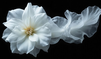Elegant white flower detail isolated on black background. Delicate petals bloom with soft texture and sophisticated contrast. Natural beauty, minimalistic design, plant flora, serene atmosphere.