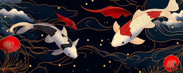Serene Koi Fish Swimming in a Stylized Dark Water with Floral Elements