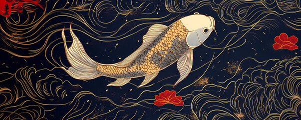 Elegant Golden Koi Fish Swimming Through Stylized Dark Blue Waves with Red Accents