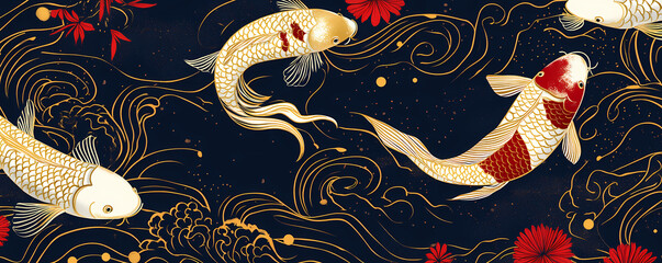Vibrant Koi Fish Swimming in a Stylized Water Current with Floral Accents