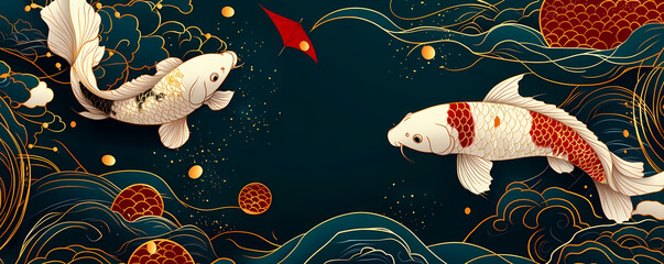 Koi Fish Pair Swimming Amidst Golden Clouds Japanese Art Style