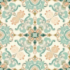 Fototapeta premium Traditional Mughal style seamless pattern with floral motifs in pastel green, peach, beige. Intricate swirling details, ornamental elements create vintage aesthetic suitable for textiles, wallpapers,