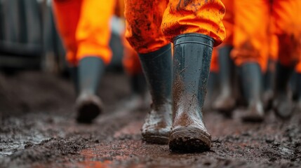 A close-up of muddy boots in orange protective clothing, creating a sense of work in a challenging environment.