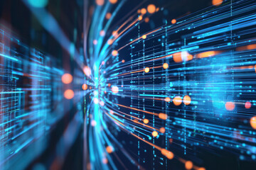 Dynamic blue light streaks with orange glowing particles radiating from center, speed motion blur effect, futuristic data flow, digital energy burst, abstract technology background

