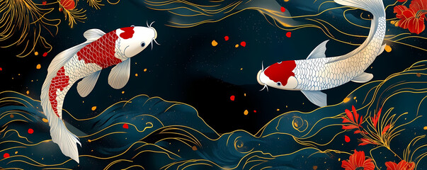 Artistic illustration of two red and white Japanese koi carp swimming in a dark, stylized pond with elegant gold and red details