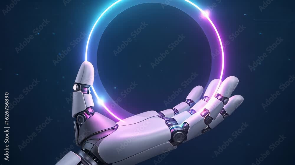 Poster robotic hand extends gracefully with luminous circular display in a captivating technological showca