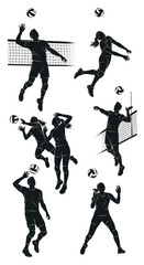 Silhouettes of male and female volleyball players in dynamic action poses, including spiking, serving, and blocking, with balls and nets.