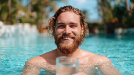 A smiling man with a beard enjoys a refreshing drink while relaxing in a clear blue pool surrounded by palm trees.