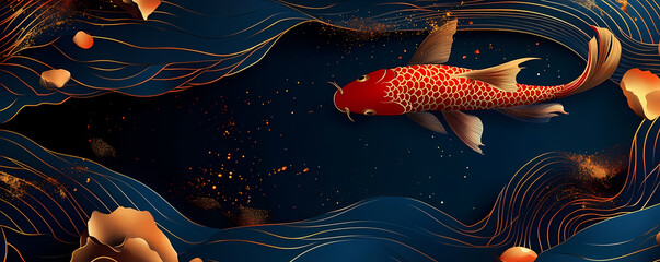 Graceful red koi fish glides through serene blue waters, framed by flowing golden waves and delicate petals. Elegant Asian-inspired design symbolizing prosperity and peace