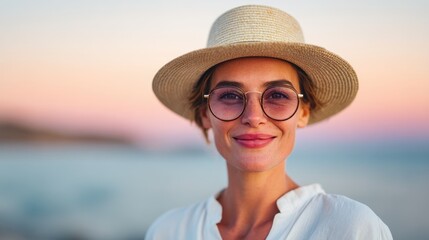 A smiling woman with a straw hat and glasses stands by the water, exuding a relaxed and cheerful vibe during sunset.