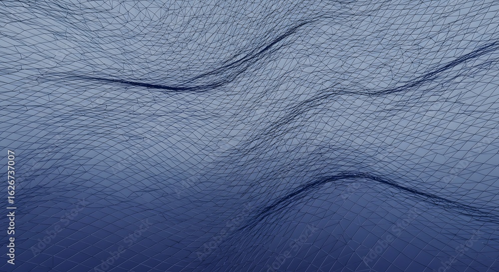 Poster abstract blue wireframe landscape with undulating lines and gradient background in a digital renderi