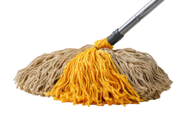 Close-up of a mop head with a metal pole.  Bright yellow and light beige/tan colored fibers are tightly bundled, forming a rounded mop head.  The metal pole extends from the image's upper right