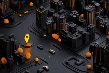 Cityscape with a bright yellow location marker