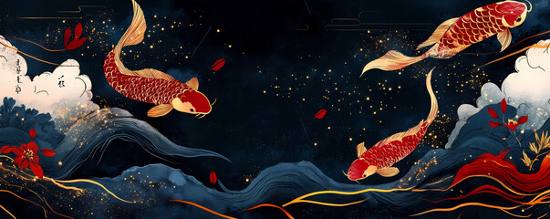 Koi Fish Swimming Through Abstract Waves A Harmonious Blend of Art and Nature's Beauty