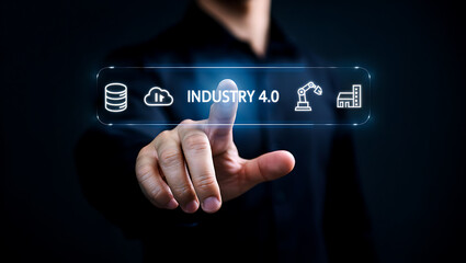 Fototapeta premium Person touching digital interface with industry icons technology hand