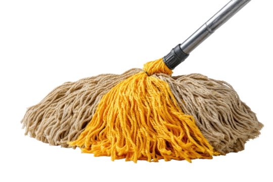Close-up of a mop head with a metal pole.  Bright yellow and light beige/tan colored fibers are tightly bundled, forming a rounded mop head.  The metal pole extends from the image's upper right