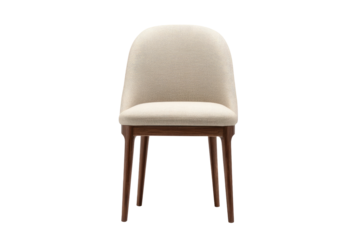 A light beige upholstered dining chair with wooden legs.  The chair's back is curved and the seat is also curved.  The wooden legs are a deep brown