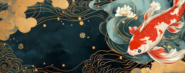 Elegant illustration of a vibrant red and white Koi fish swimming amidst golden waves and stylized clouds in a traditional Asian art style, symbolizing good fortune and prosperity