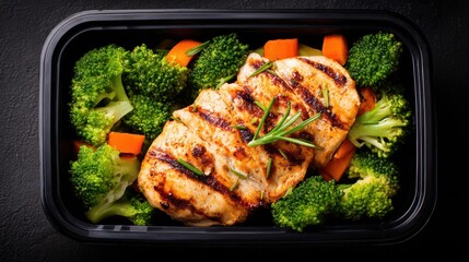 Grilled chicken breast served with broccoli and carrots in a meal prep container, showcasing healthy eating options.