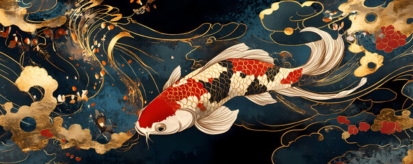 Elegant koi fish illustration. A vibrant carp swims amidst shimmering golden clouds and flowing blue currents, showcasing traditional Asian art style, peace, and prosperity