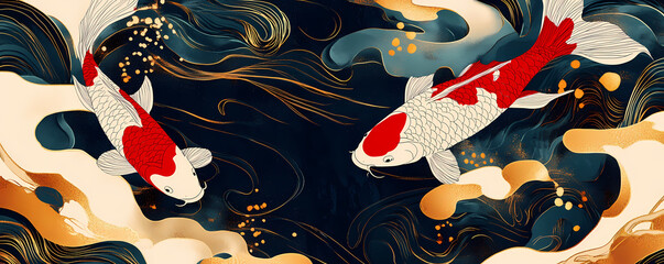 Elegant Koi Fish Swimming in Serene Water, Decorative Japanese Illustration