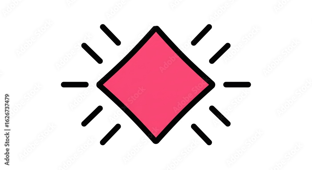 Poster red diamond shape with rays around it on white background