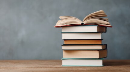 A stack of books with one open on top, resting on a wooden surface against a textured gray background.