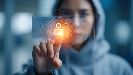 Person touching digital world map interface image