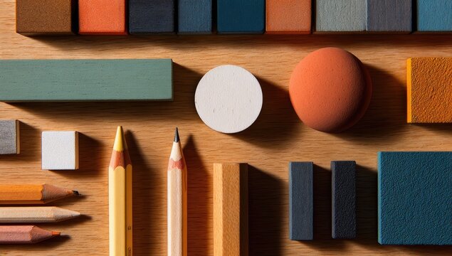 Colorful geometric shapes and pencils on a light wooden surface