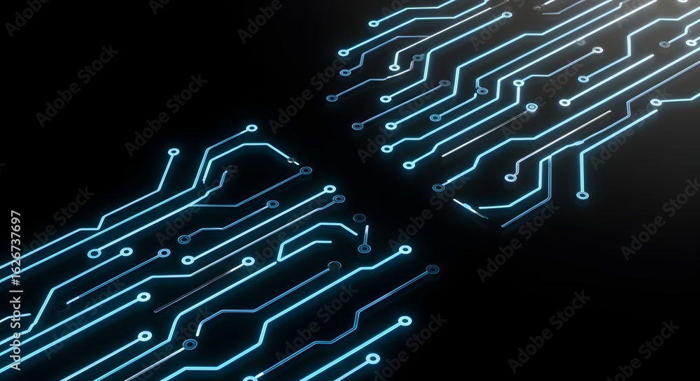 Poster glowing blue circuit board pattern on a black background representing technology and connectivity co