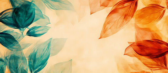 Dynamic abstract background featuring translucent, flowing leaf patterns in warm orange and cool teal hues, evoking a serene natural harmony and seasonal transition