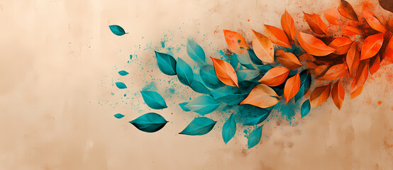 Dynamic flow of stylized leaves in a vibrant gradient from cool teal to warm orange, creating an artistic and abstract representation of natural transformation and seasonal change