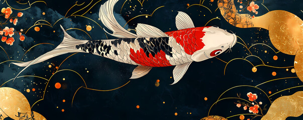 Elegant Japanese Koi carp swimming in stylized water with golden waves and floral blossoms, a traditional artistic banner design
