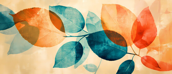 Abstract botanical composition featuring translucent autumn leaves in vibrant teal and warm orange hues, creating a layered, ethereal design with a soft, blended background