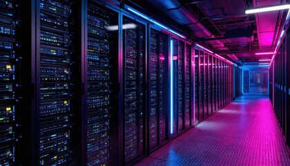 Server room hallway with rows of glowing computer servers and neon lights. Blue and pink illumination highlights networking hardware, data storage racks, and IT infrastructure.