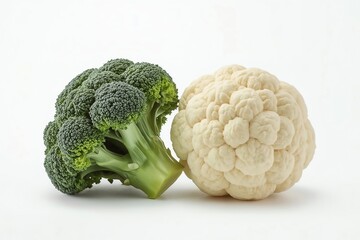 Fresh raw broccoli and cauliflower florets side by side.
