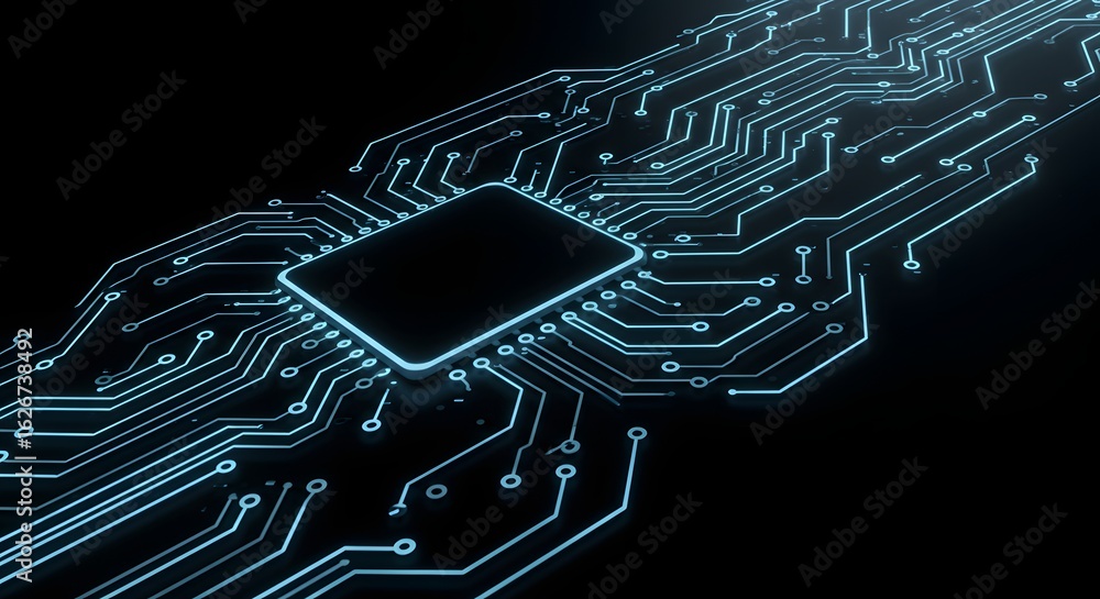 Poster close up view of a glowing circuit board with a central chip on a dark black background design eleme