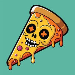 A cheesy, cartoon pizza slice with a skull design.