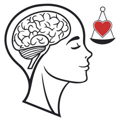 Balancing brain and heart in human head silhouette