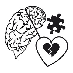Brain and broken heart connected by a puzzle piece symbolizing emotional connection