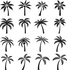 Tropical palm tree silhouette icon set