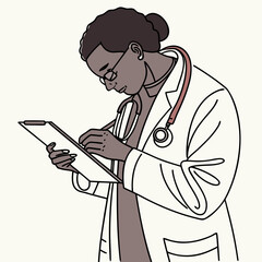 Female doctor in a white coat writing on a clipboard with a stethoscope